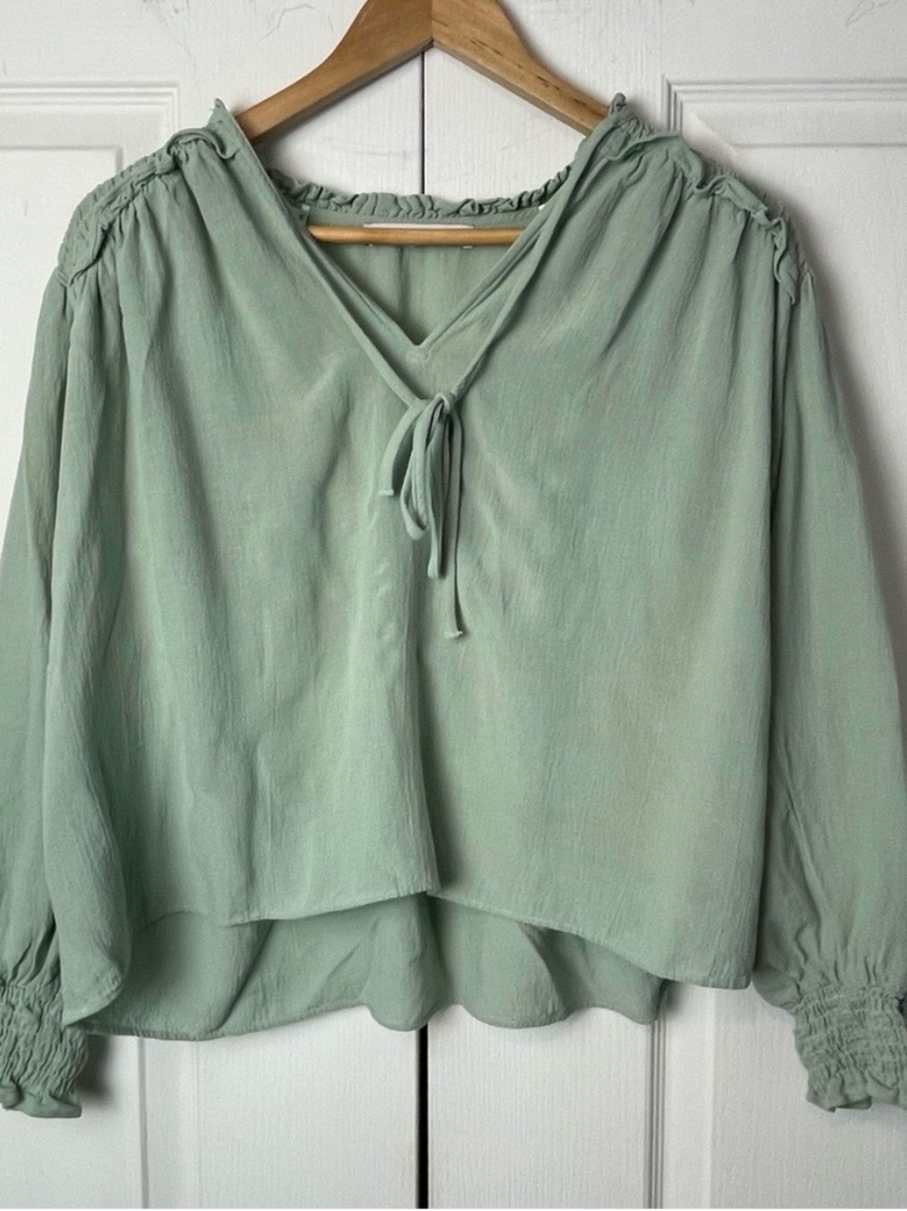 Zara Mint Green Tie-Neck Peasant Blouse